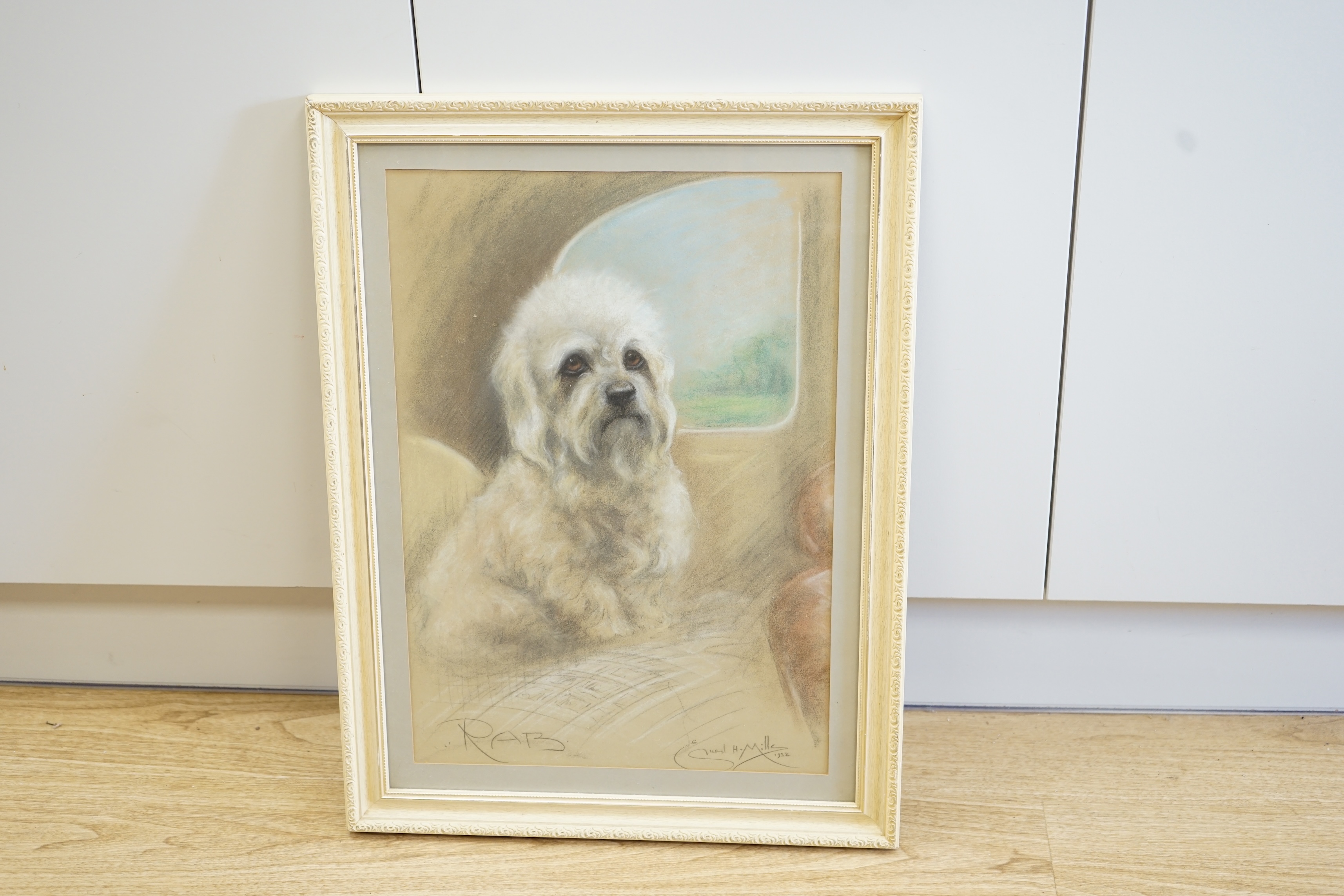 Ernest H Mills, Art Deco heightened chalk, Study of a dog, 'Rab', signed and dated 1932, 50 x 35cm. Condition - fair